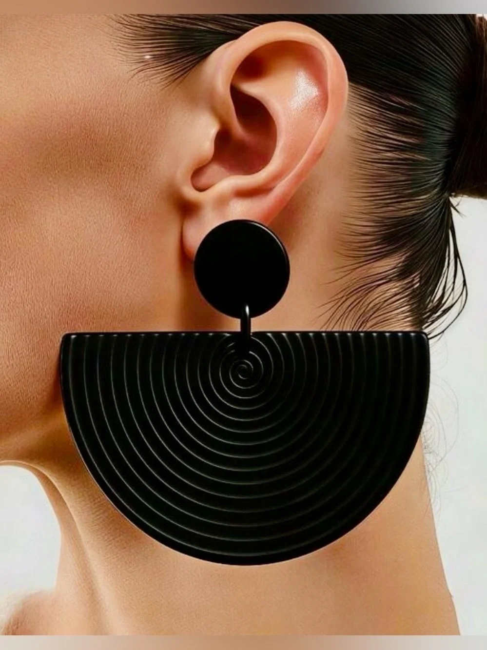 Minimalist Black Fan Statement Modern Geometric Round Disc Drop Earrings